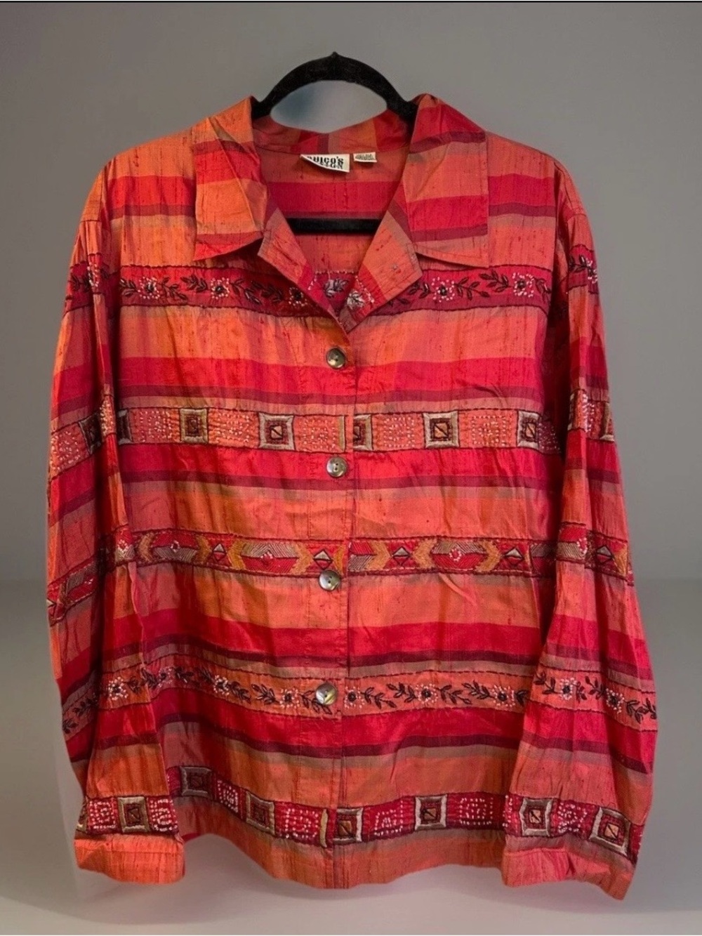 CHICOS DESIGN Silk Embroidered Red Striped Beaded JKT Womens Size 3 (L-XL) EUC